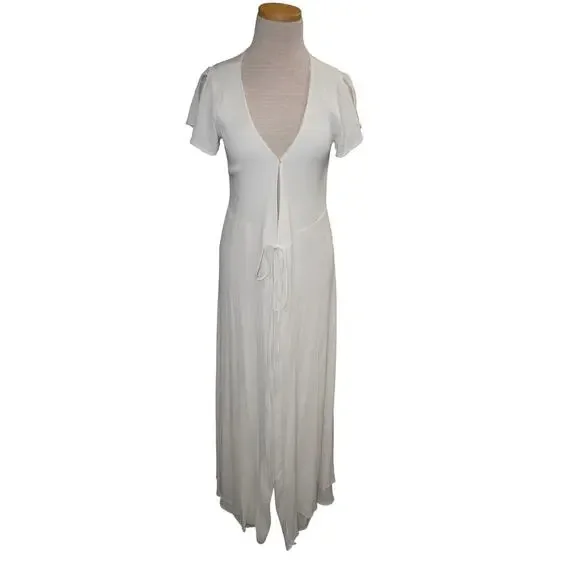 Lulus White Wrap Maxi Dress Flutter Sleeve Tie Waist Slit Boho Women’s M - Picture 6 of 15